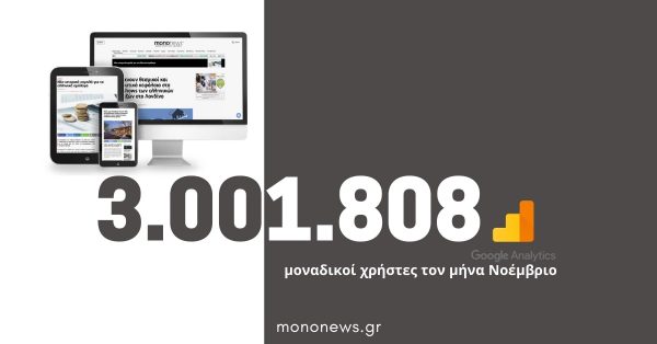 3.001.808 μοναδικοί χρήστες επέλεξαν το mononews.gr για την ενημέρωσή τους τον μήνα Νοέμβριο