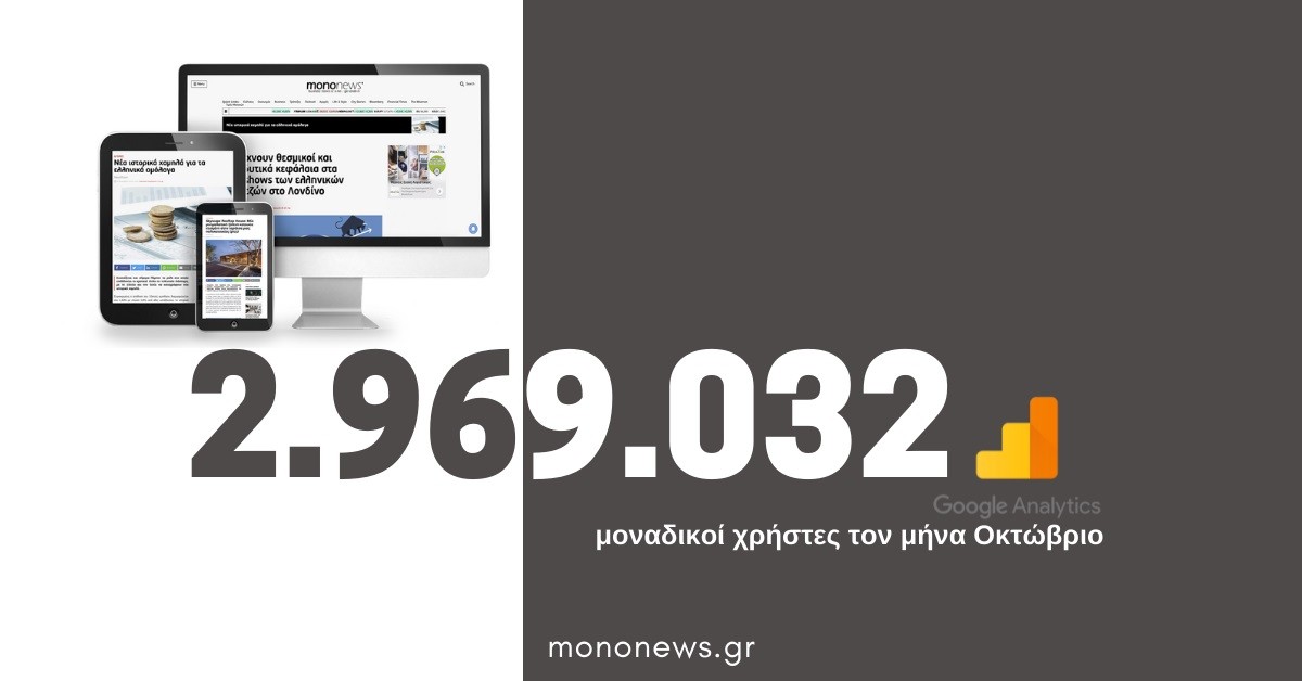 2.969.032 μοναδικοί χρήστες επέλεξαν το mononews.gr για την ενημέρωσή τους τον μήνα Οκτώβριο