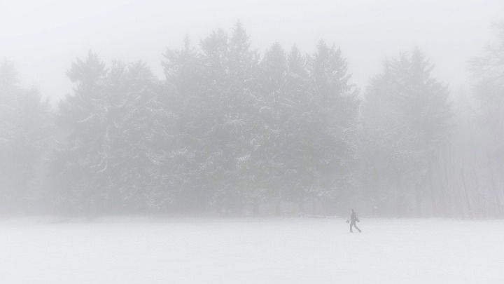 Άνδρας περπατά μπροστά από ένα δάσος εν μέσω σφοδρής χιονοθύελλας