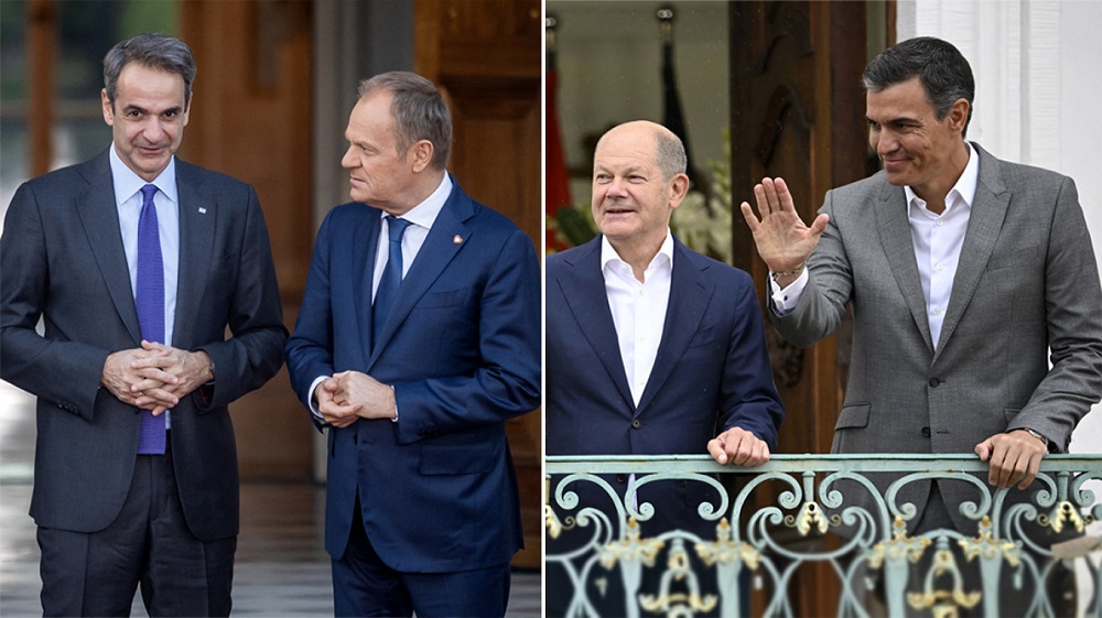 ο Έλληνας πρωθυπουργός, Κυριάκος Μητσοτάκης και ο Πολωνός ομόλογός του, Ντόναλντ Τουσκ με τον Γερμανό Καγκελάριο, Όλαφ Σολτς και τον Ισπανό πρωθυπουργό, Πέδρο Σάντσεθ