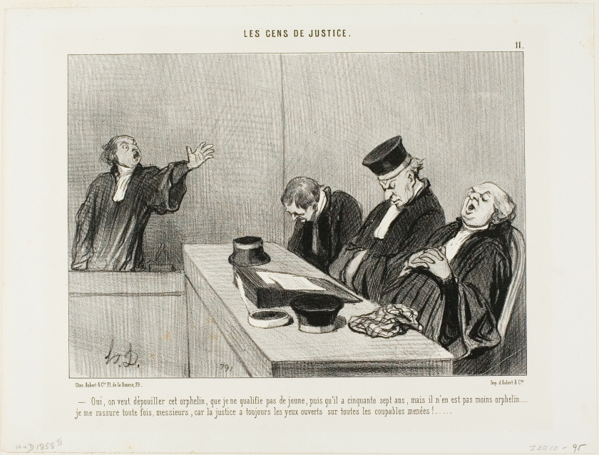 Ονορέ Ντωμιέ, από τη σειρά Άνθρωποι της Δικαιοσύνης, 11, λιθογραφία σε χαρτί, 1845. Η τυφλή Δικαιοσύνη εξετάζει με ορθάνοιχτα μάτια κάθε υπόθεση και κάθε επιχείρημα.