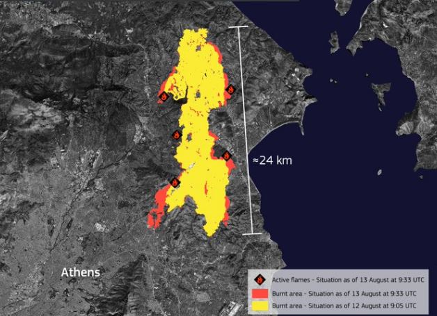 Ο χάρτης της ευρωπαϊκής υπηρεσίας Copernicus για τη φωτιά στην Αττική